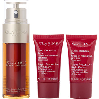 Clarins double serum 50ml + super restorative day cream ast 15ml + super restorative night cream ast 15ml + double serum eye sachet 0.9ml -4pcs